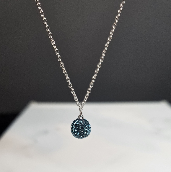 Swarovski Blue Crystal Ball Disco Necklace On Rhodium Plating - Picture 1 of 6